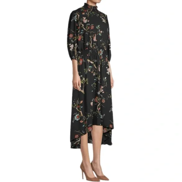 Nanette Lepore Dark Floral Hi-Low Puff Sleeve Dress 2 Whimsigoth Bloomcore Black - Picture 2 of 13